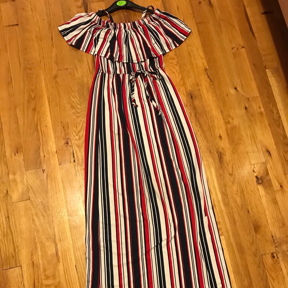 Red white and blue long off the shoulder dress